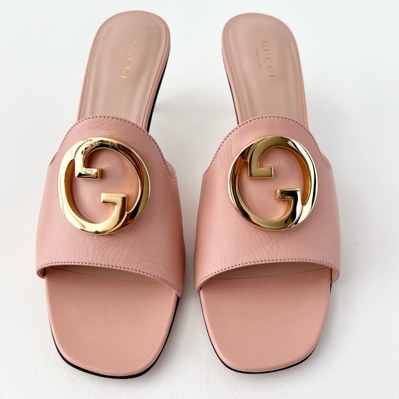 New GUCCI || Pink Blondie Mule Gold GG Interlocking Logo US 8.5 - Picture 3 of 16